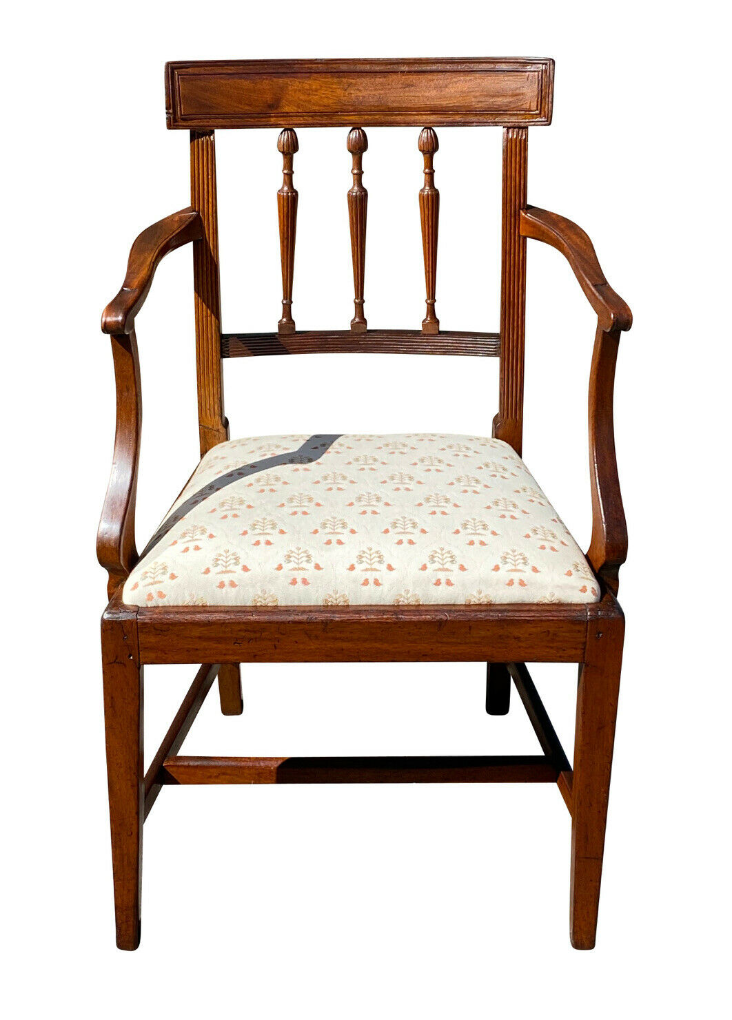 19TH C ANTIQUE FEDERAL PERIOD MAHOGANY ARM CHAIR W/ FOLK ART EMBROIDERED SEAT