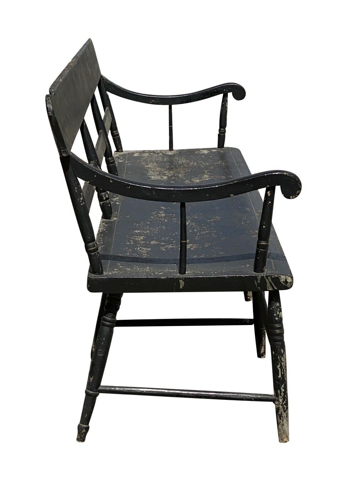 19th C Antique Black Painted Farmhouse / Deacons Bench - 6.5 Feet - Eagle Paint