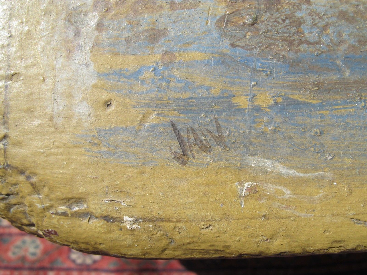 18TH CENTURY CANTED SEA CHEST WITH 1944 ARTIST PAINTED HARBOR & LIGHTHOUSE