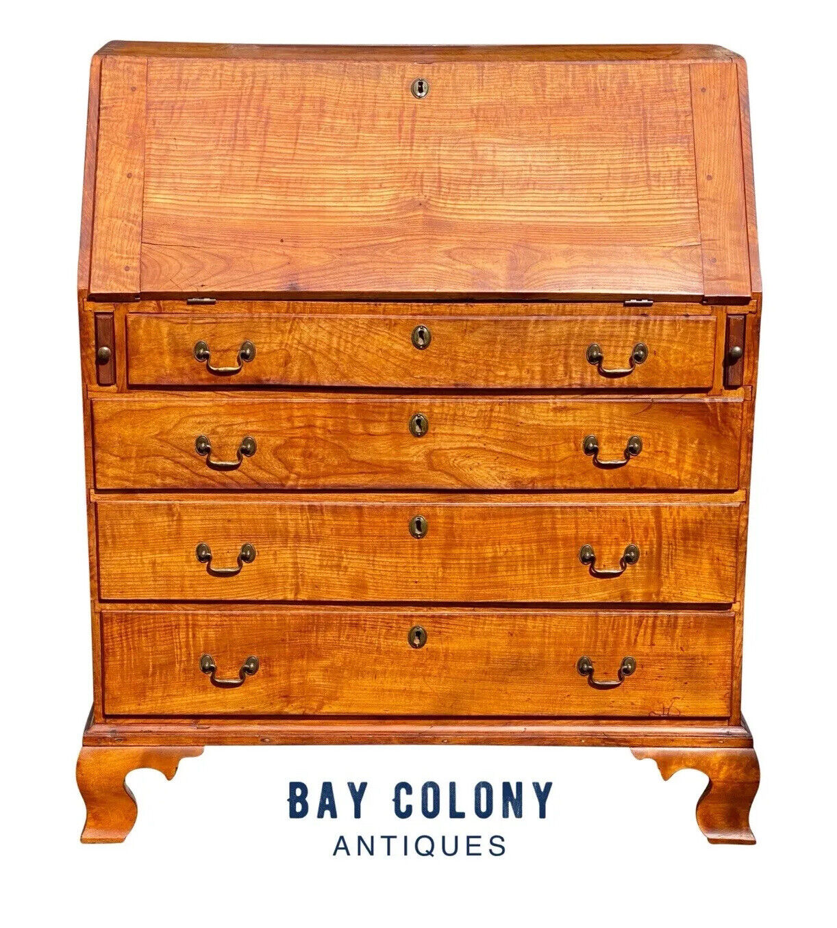 18th C Antique New England Chippendale Apple Wood Slant Lid Secretary Desk