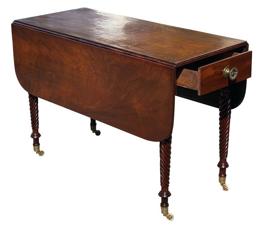 19TH C ANTIQUE SHERATON MAHOGANY DROP LEAF TABLE W/ ROPE CARVED LEGS