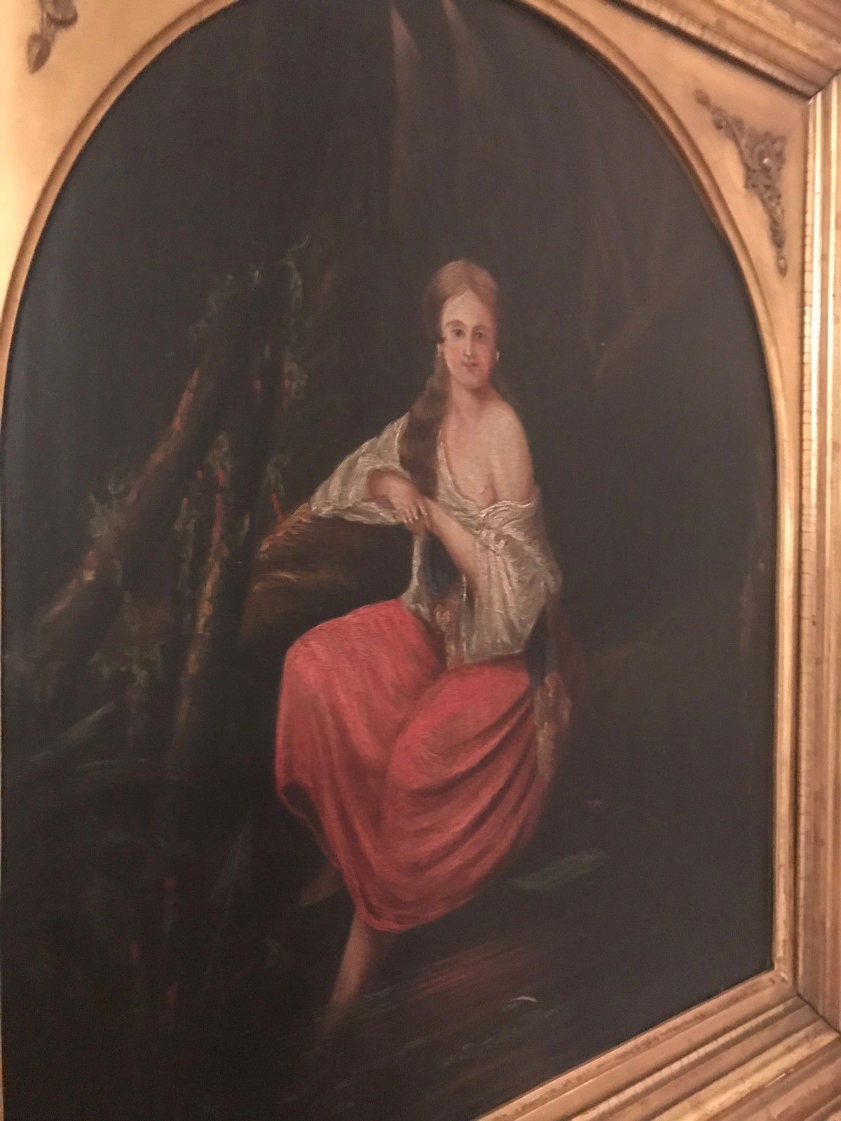 19TH CENTURY HUDSON RIVER VALLEY OIL ON CANVAS OF SEMI CLAD WOMAN IN MOONLIGHT