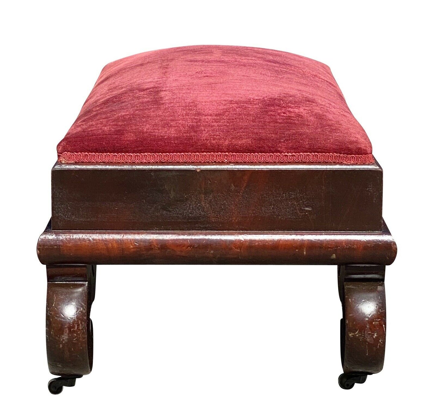 19th C Antique American Empire Mahogany Vanity Bench W/ Red Velvet Seat