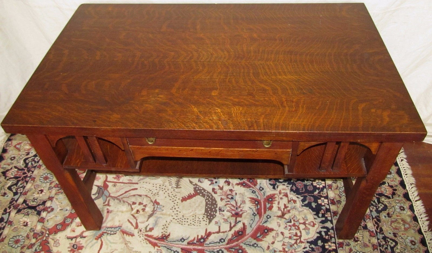 RARE SIZED 48" MISSION OAK CRAFTSMAN DESK W/ ARTS & CRAFTS BRASS PULLS-NICE COND