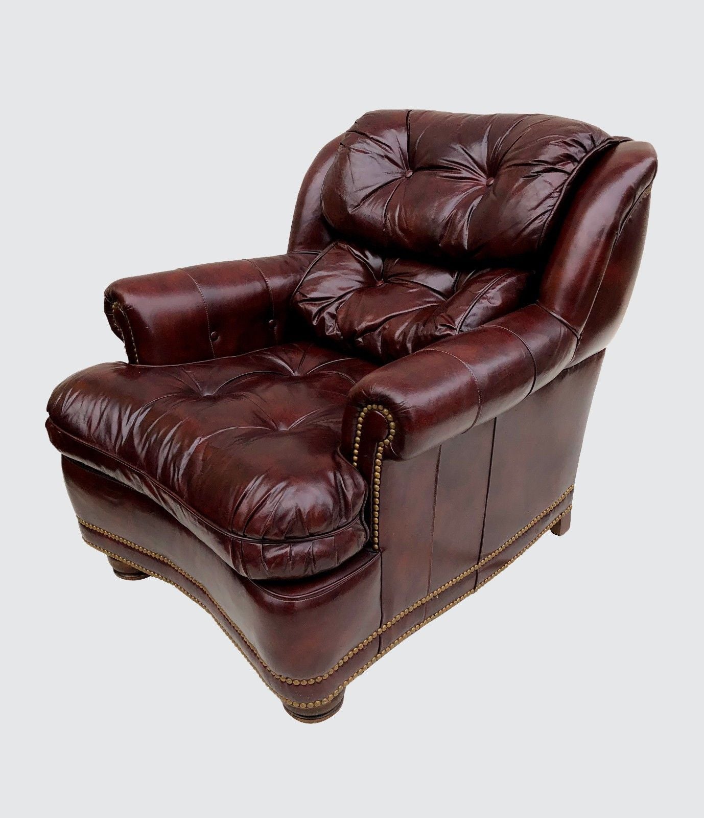 PAIR HANCOCK & MOORE WINE COLORED LEATHER CHESTERFIELD CLUB CHAIRS