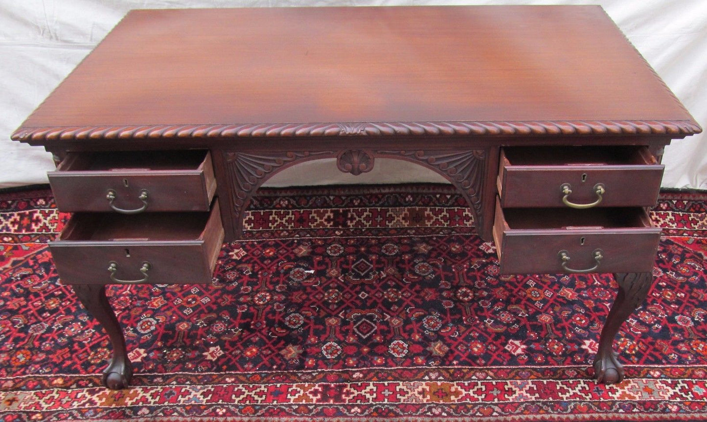 THE FINEST ANTIQUE SOLID MAHOGANY CHIPPENDALE PARTNERS DESK GRADOONED CARVED TOP
