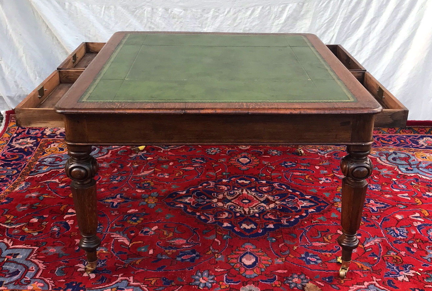 VICTORIAN OAK GOTHIC STYLE PARTNER'S DESK - OUTSTANDING GREEN LEATHER TOP