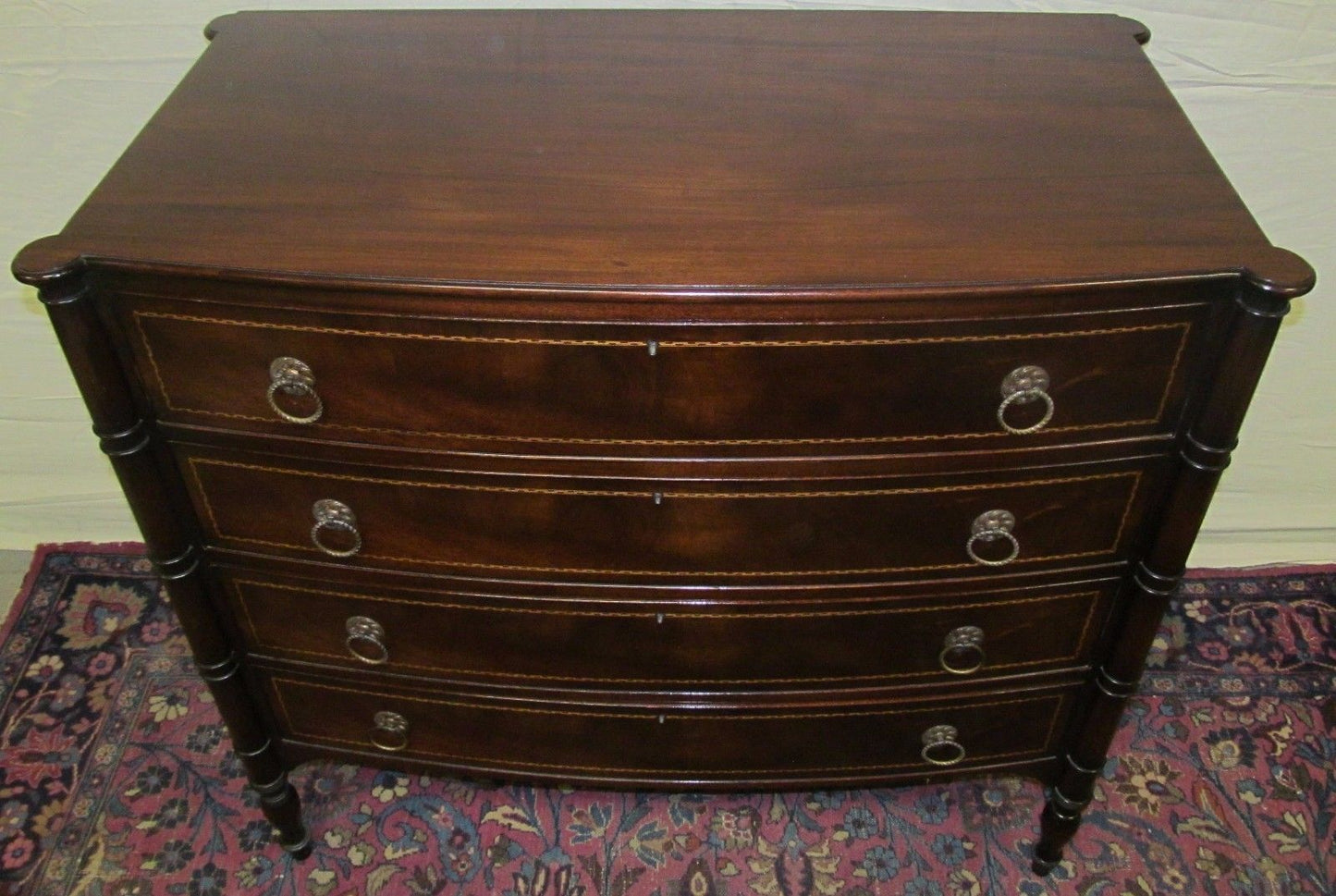 FEDERAL STYLE INLAID MAHOGANY BOW FRONT DRESSER WITH COOKIE CORNERED TOP