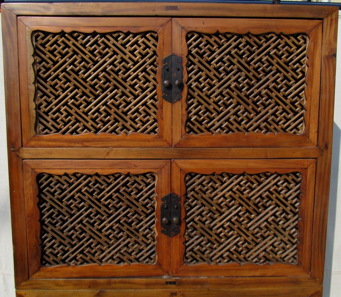 FINE LATE 19TH CENTURY LATTICE WORKED TWO PIECE CHINESE CABINET