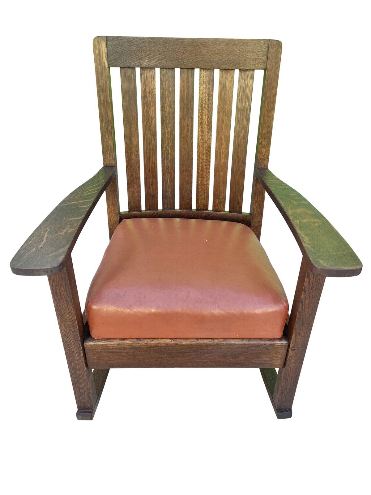 Pair of Antique Arts & Crafts Tiger Oak Rocking Chairs With Orange Leather Seats