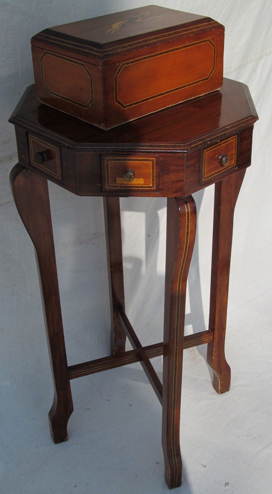 EXCEPTIONAL ANTIQUE FOLK ART INLAID SMOKING STAND WITH MATCHED INLAID HUMIDOR