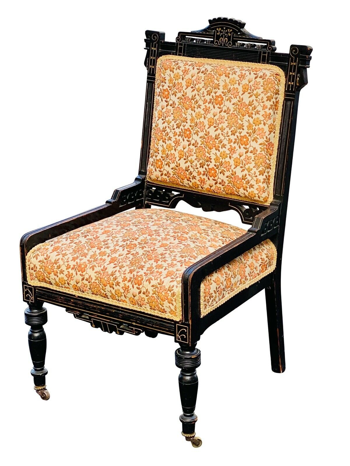 19TH C ANTIQUE EASTLAKE VICTORIAN EBONIZED PARLOR CHAIR