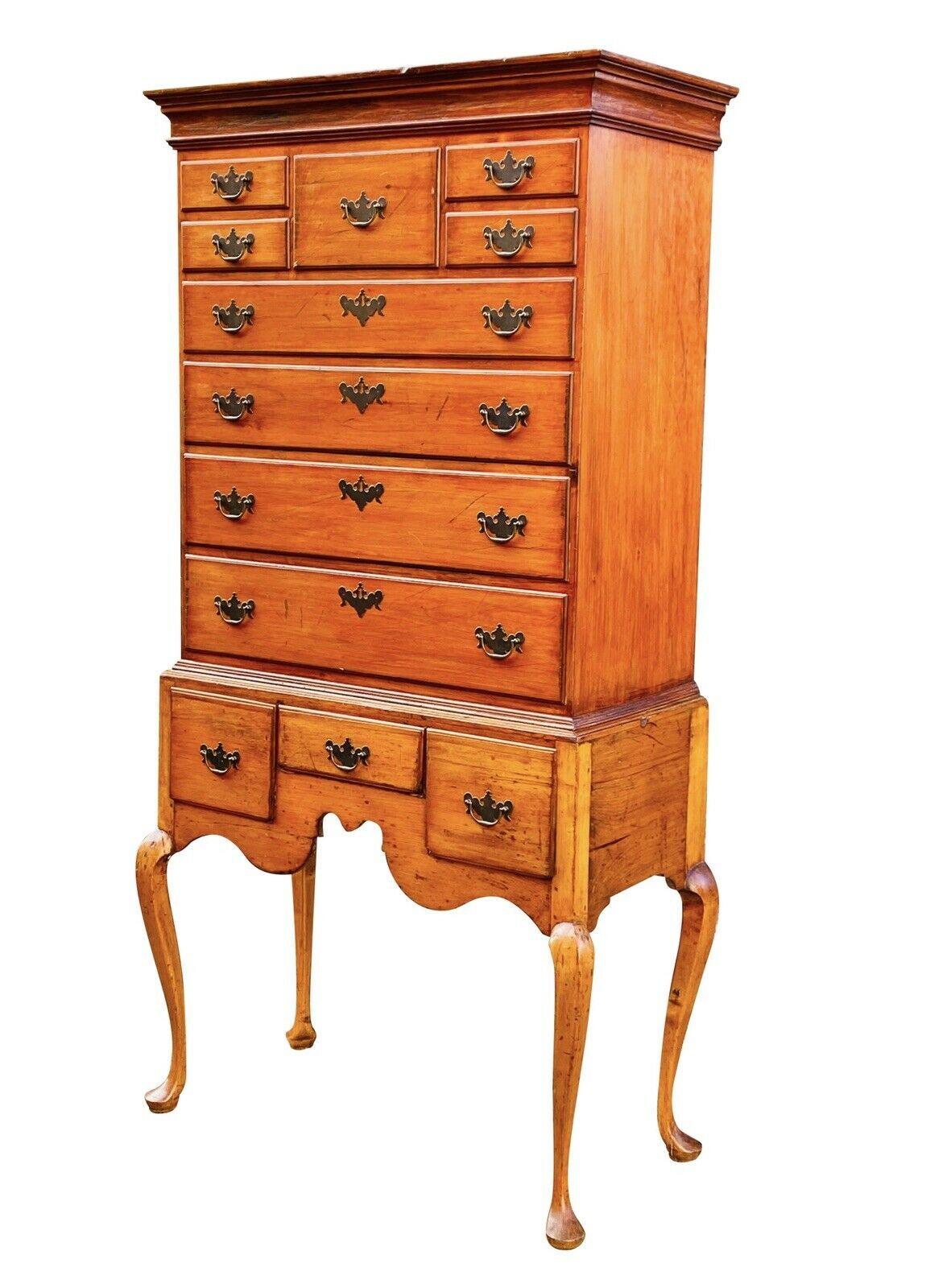 18TH C ANTIQUE QUEEN ANNE CONNECTICUT FLAT TOP HIGHBOY DRESSER / TALL CHEST