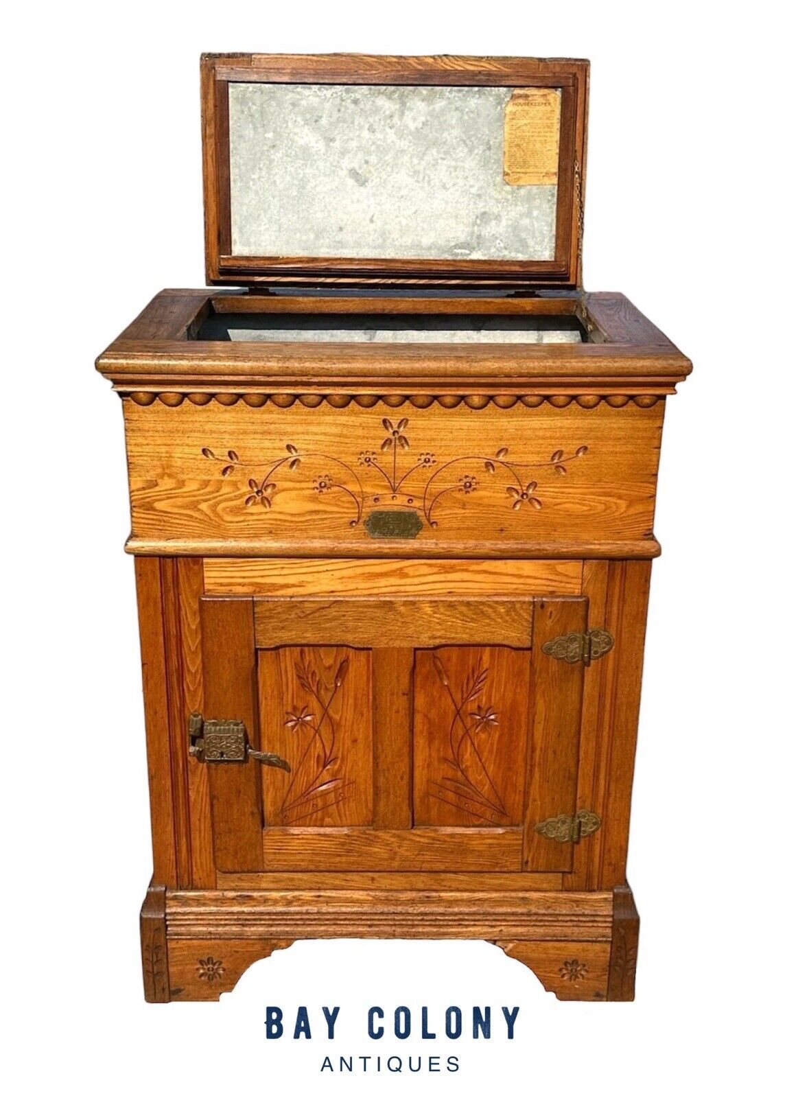 Victorian Oak Floral Carved Ice Chest With Zinc Lining & Phoenix Head Hardware