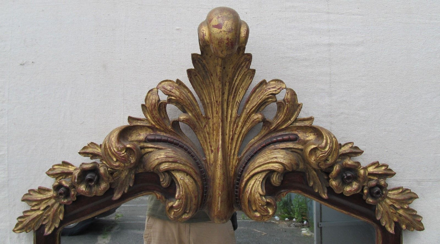 VICTORIAN ROCOCO STYLE ROSEWOOD MIRROR WITH GOLD GILT FLORAL CREST - 62" TALL