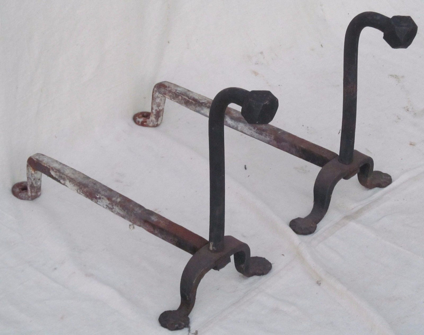 18TH CENTURY WROUGHT IRON GOOSE NECK PENNY & COMPASS FOOTED ANDIRONS
