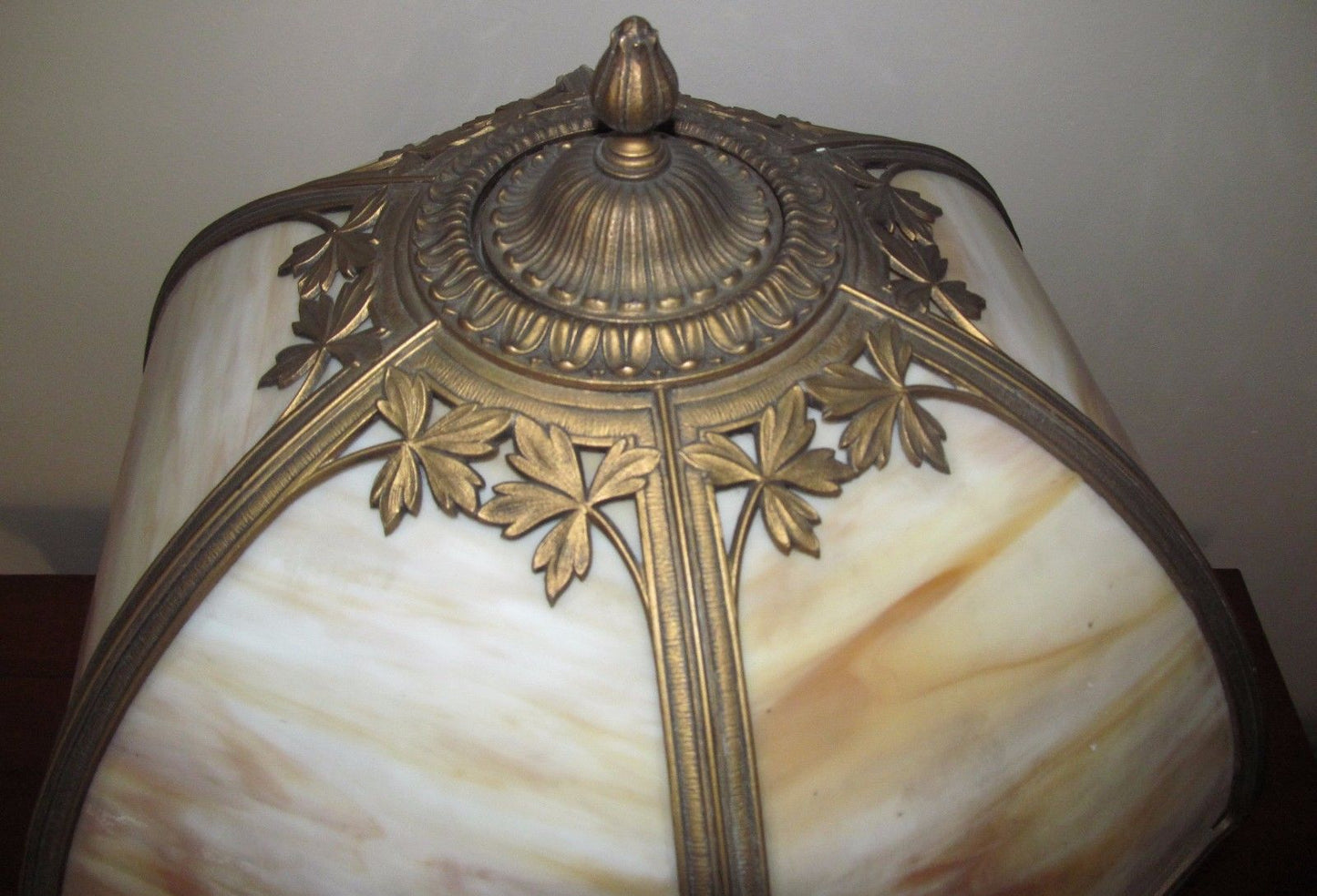 ARTS & CRAFTS MILLER TABLE LAMP WITH CARAMEL COLORED 6 PANEL FILIGREE SHADE