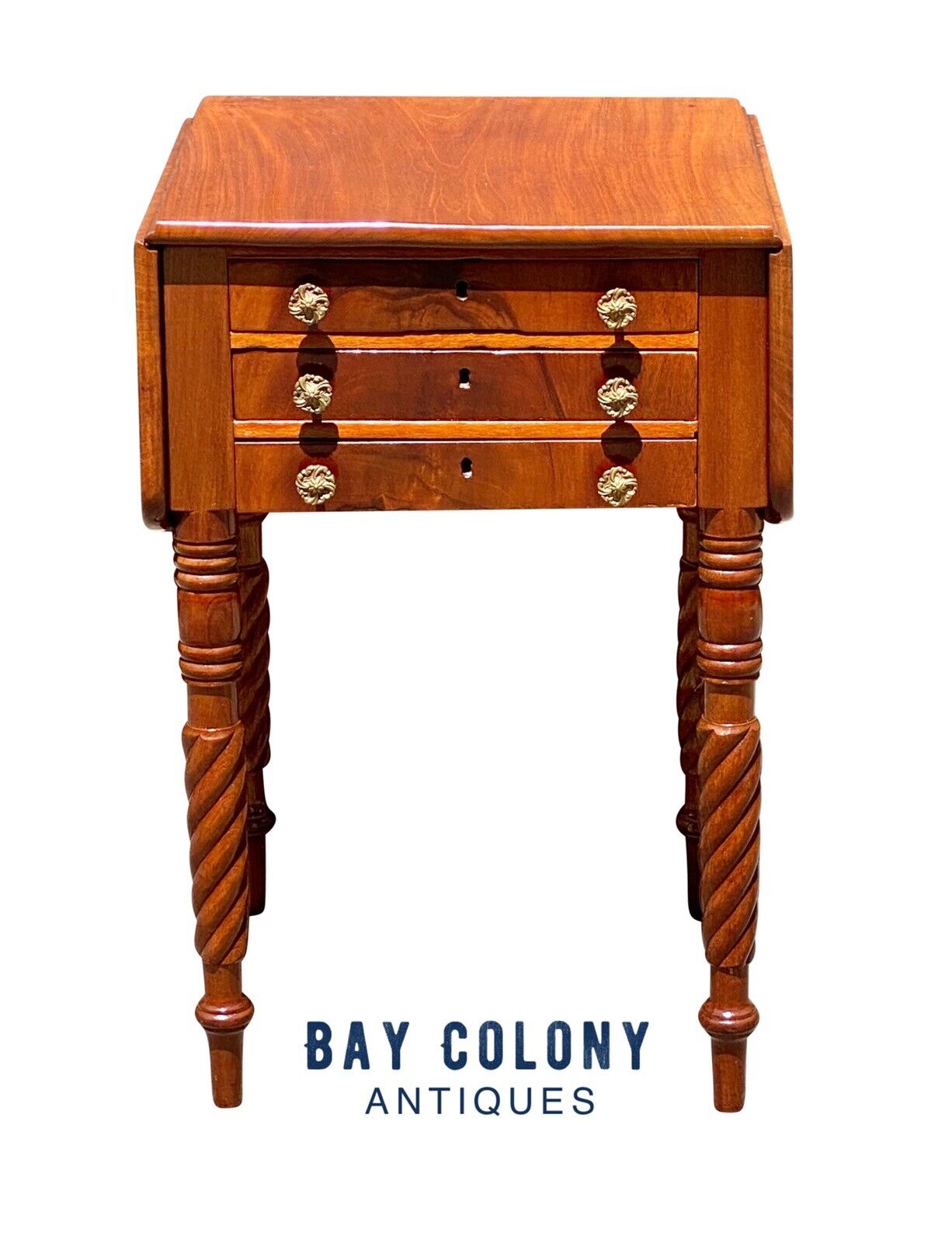 19th C Antique Mahogany 3 Drawer Worktable / Nightstand with Rope Carved Legs