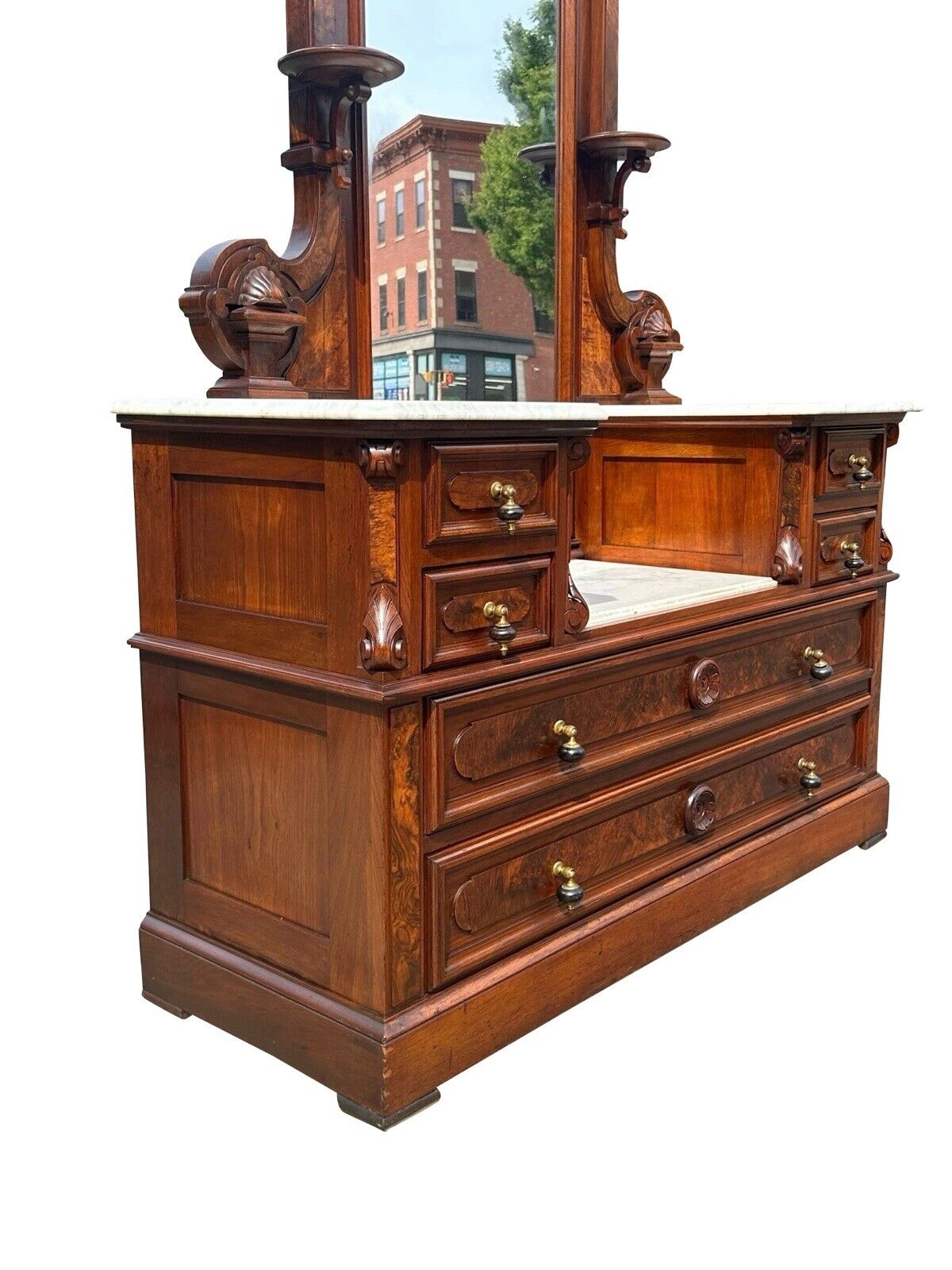 Antique Victorian Burled Walnut Marble Top Dresser With Fine Shell Carved Mirror