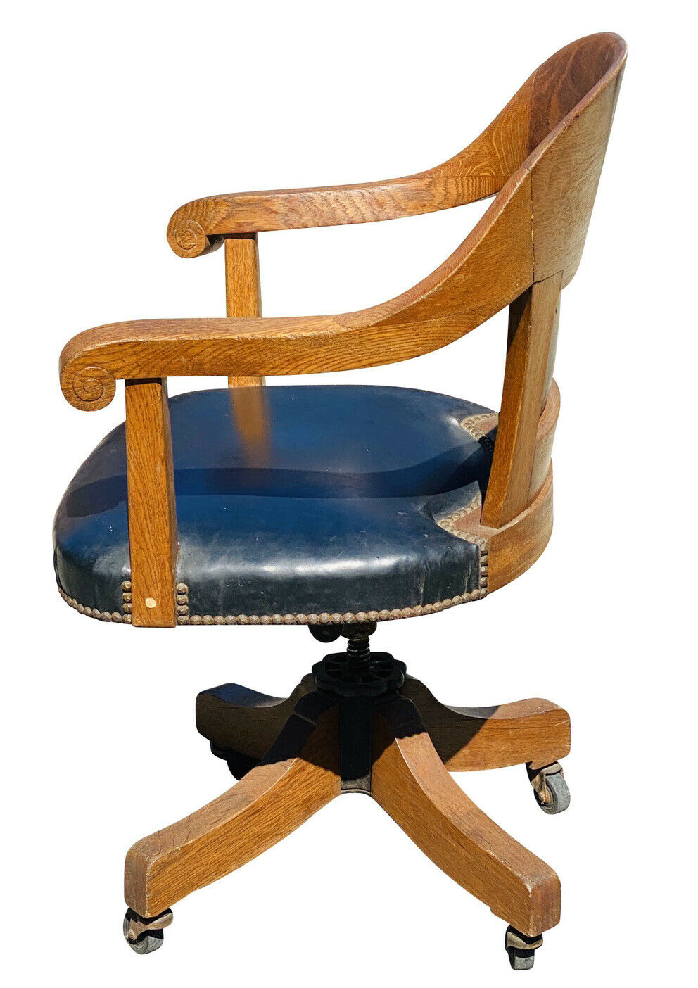 19TH C ANTIQUE VICTORIAN TIGER OAK LEATHER SEAT SWIVEL OFFICE DESK CHAIR