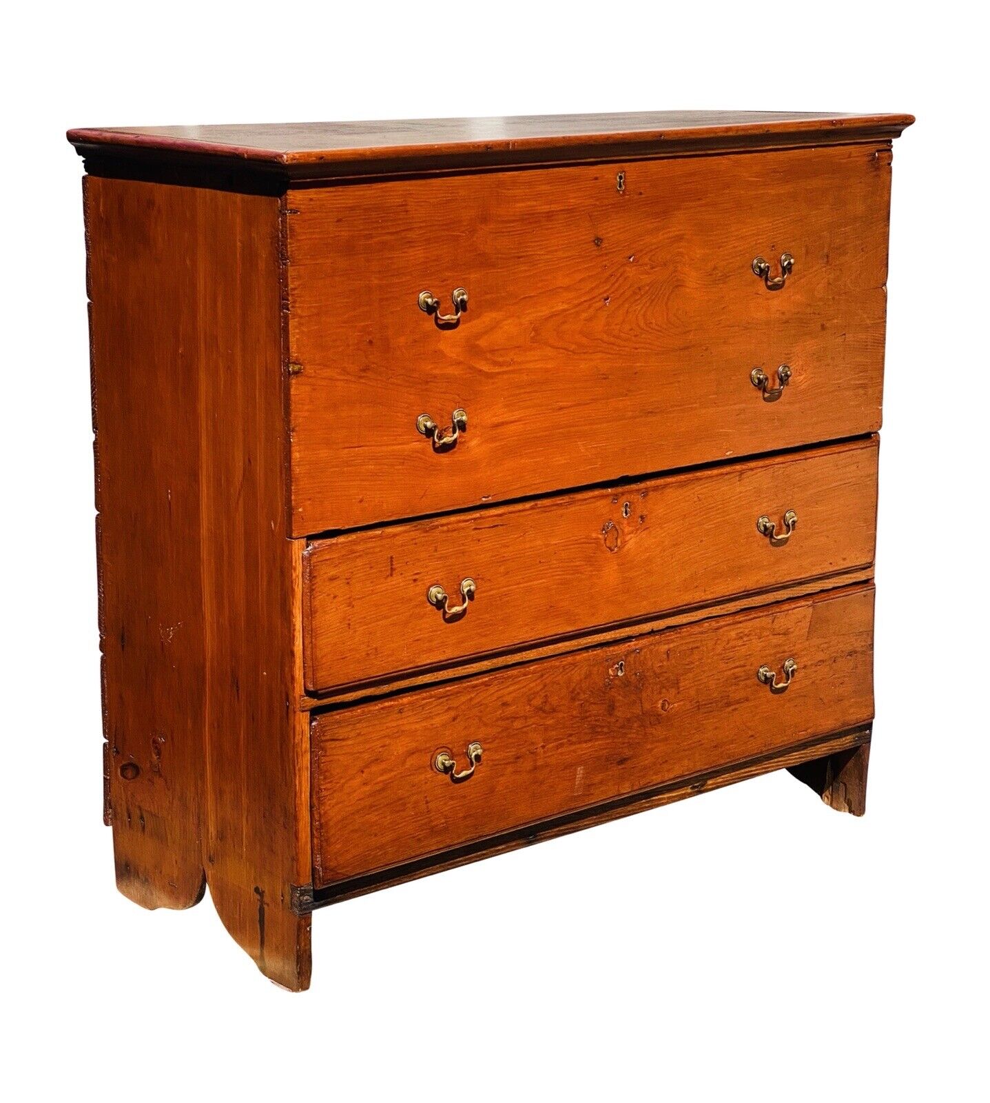 18TH C ANTIQUE NEW ENGLAND QUEEN ANNE PUMPKIN PINE BLANKET CHEST WITH 2 DRAWERS