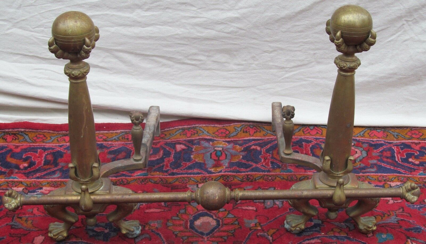 MONUMENTAL ANTIQUE CHIPPENDALE BALL & CLAW FIREPLACE ANDIRON SET W/ FENDER BAR