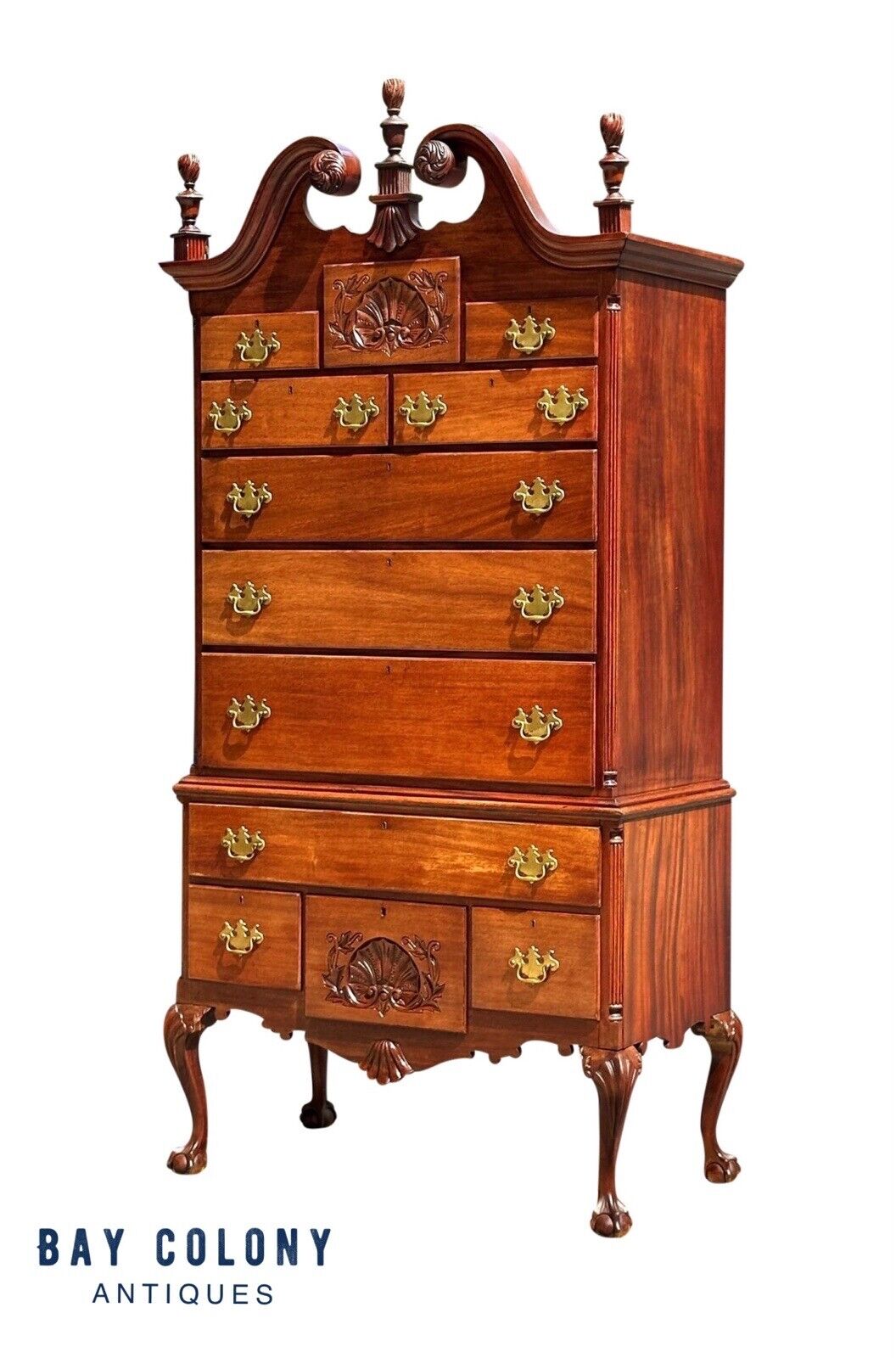 Antique Chippendale Style Mahogany Shell Carved Highboy on Ball & Claw Feet