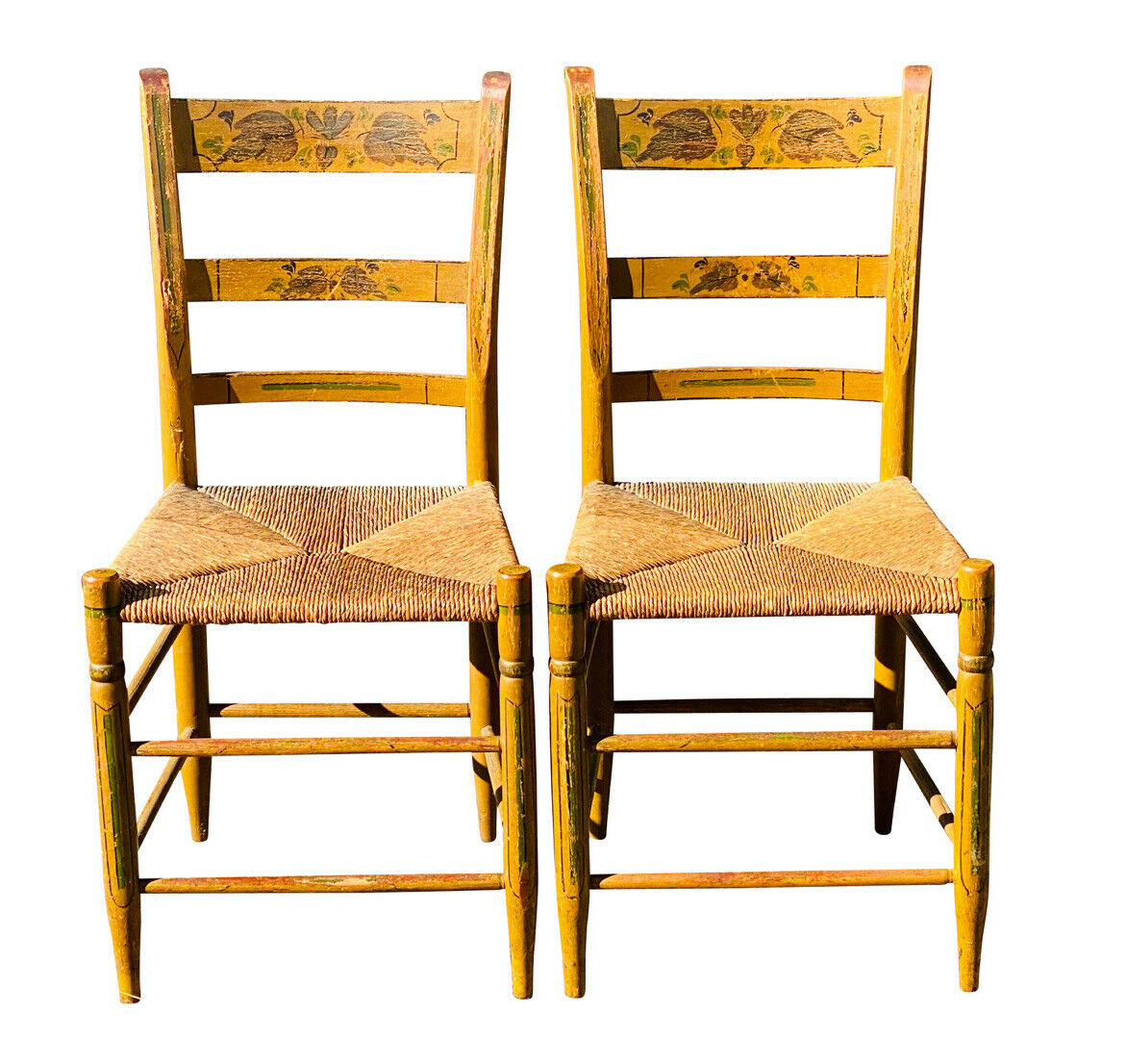 19TH C ANTIQUE COUNTRY PRIMITIVE SHERATON SET OF 4 FANCY PAINT DINING CHAIRS