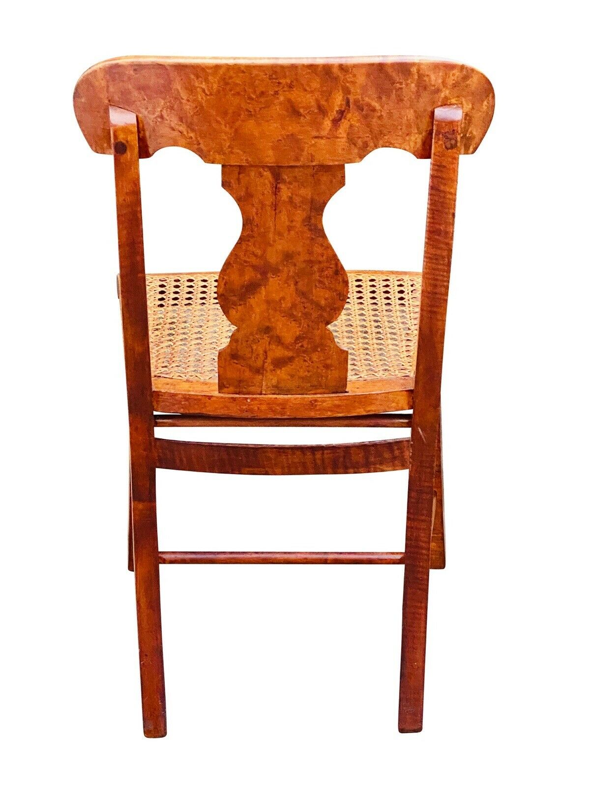 19TH C ANTIQUE TIGER MAPLE & BIRDS EYE MAPLE EMPIRE SABER LEG CHAIR W/ CANE SEAT