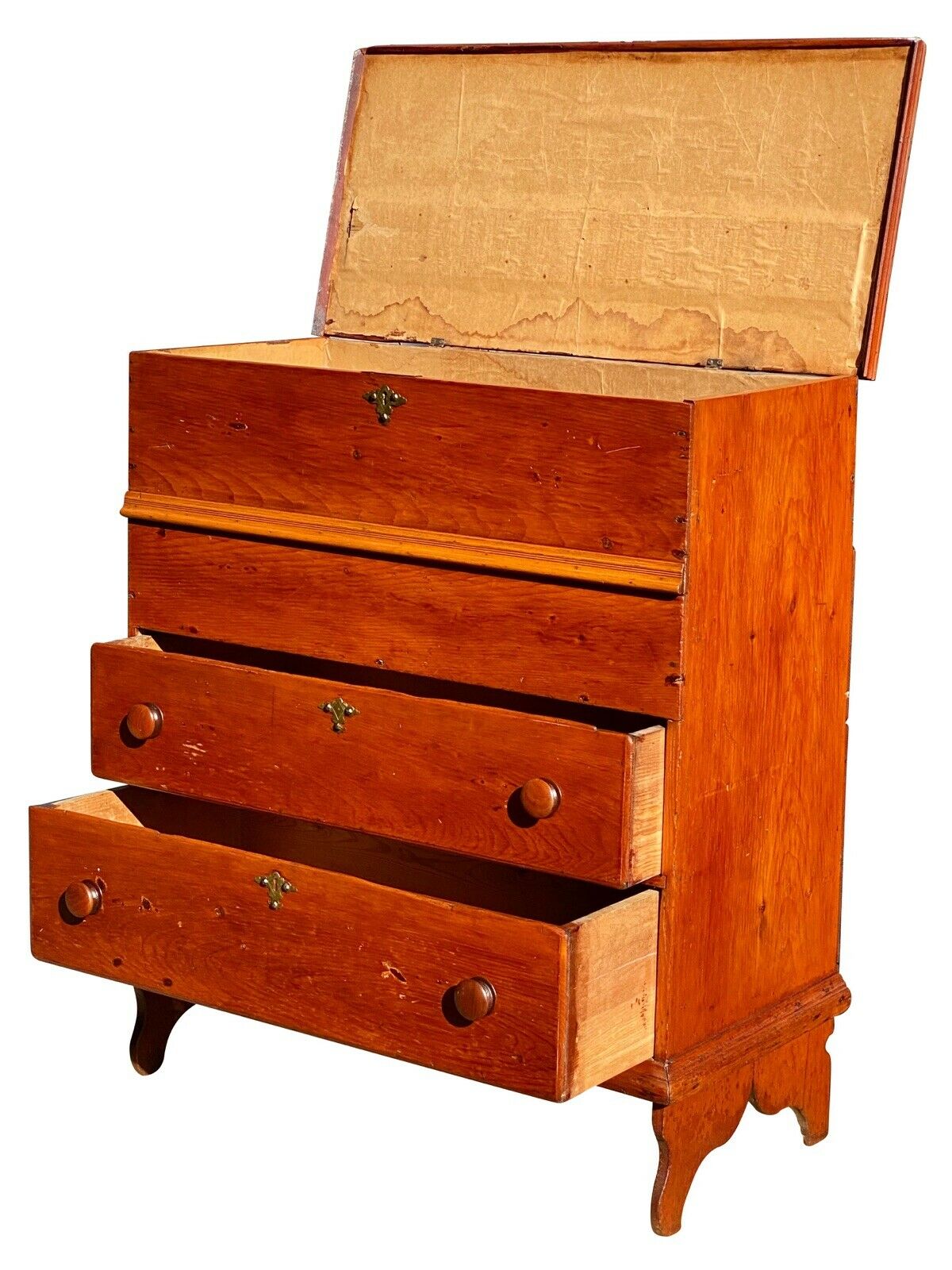 18th C Antique Queen Anne Country Primitive Blanket Box / Chest W Boot Jack Ends