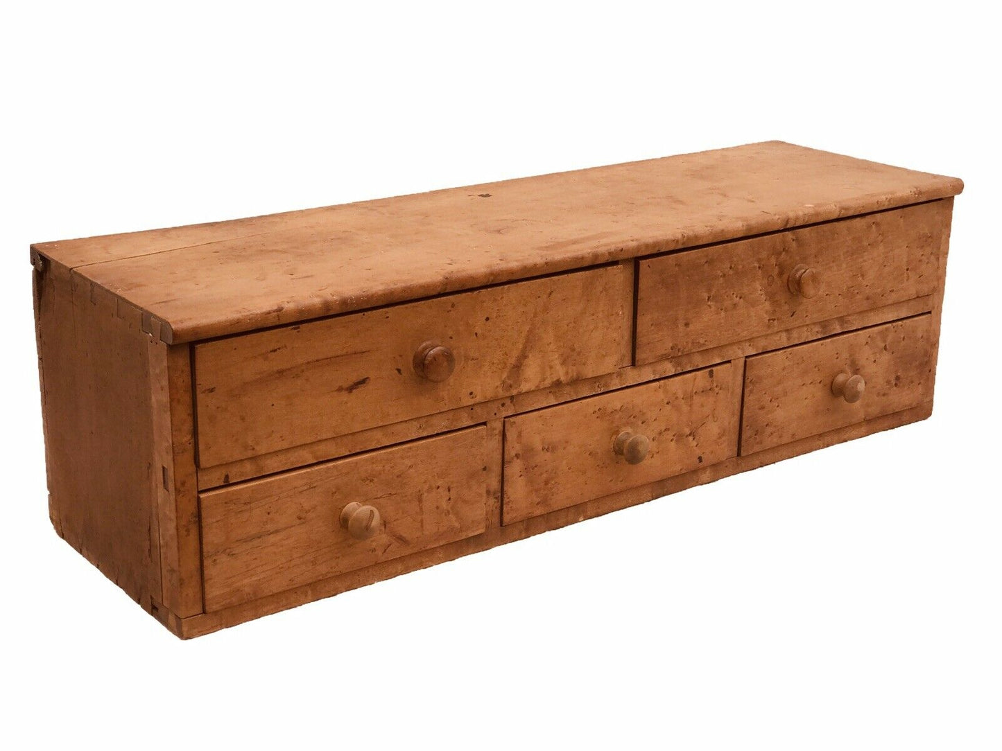 19TH C ANTIQUE SHAKER BIRDS EYE MAPLE 5 DRAWER PRIMITIVE SPICE BOX