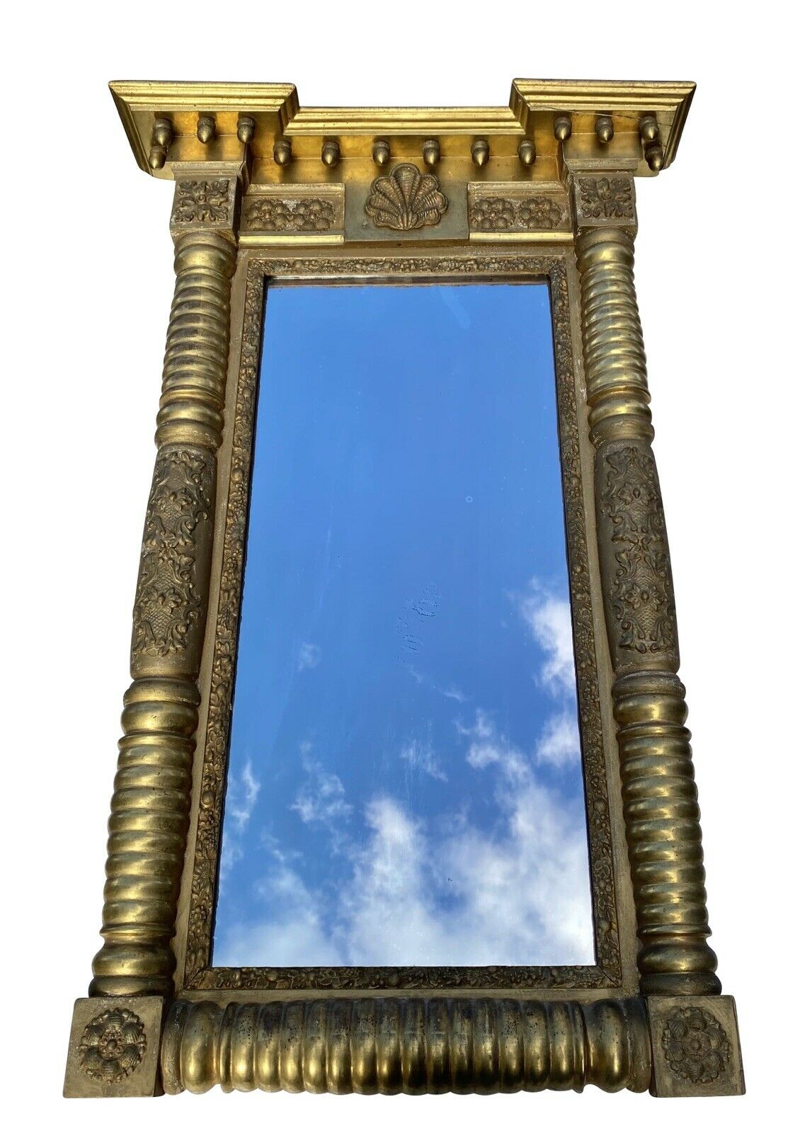 19TH C ANTIQUE FEDERAL PERIOD GOLD GILT SHELL CARVED MIRROR WITH ACORN FINIALSS