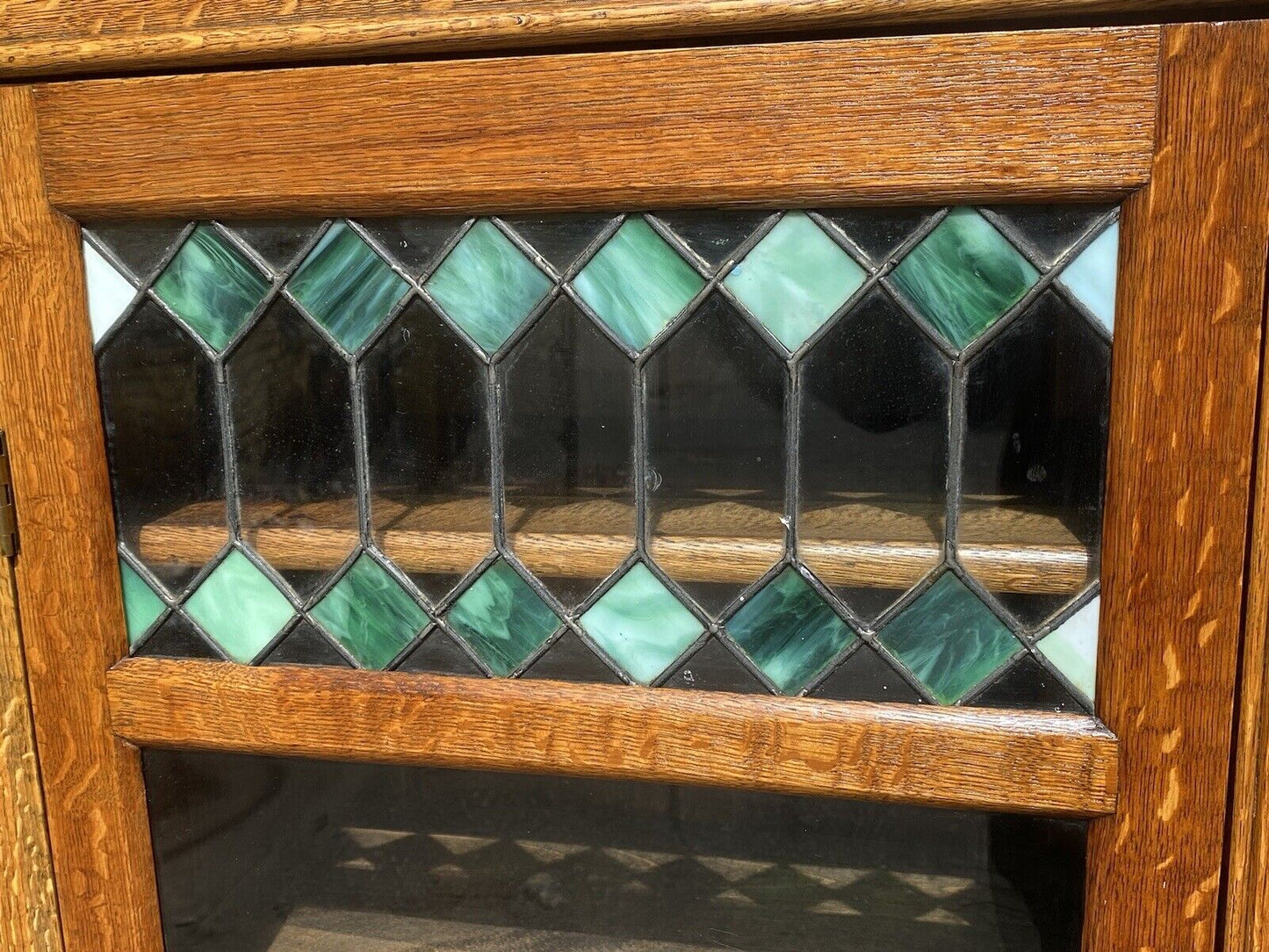 Antique Tiger Oak Larkin Bookcase / China Cabinet With Green Slag Glass Doors