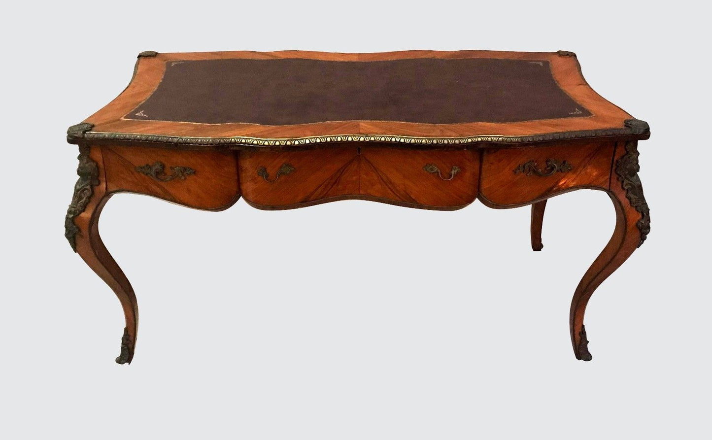 FRENCH LOUIS XV STYLED BUREAU PLAT LEATHER TOPPED WRITING DESK