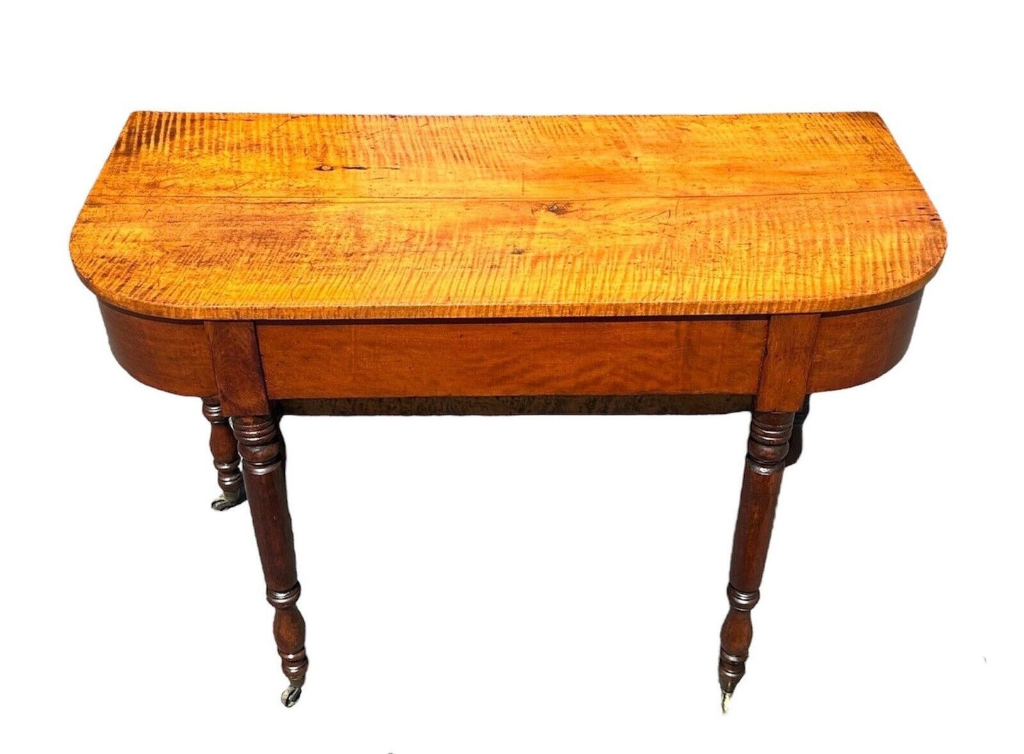 Early 19th Century Antique Federal Tiger Maple & Cherry Dropleaf Bakers Table