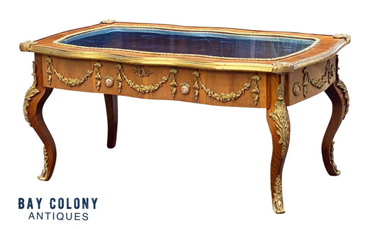 20th C French Antique Style Walnut Lift Top Coffee Table / Glass Top Vitrine