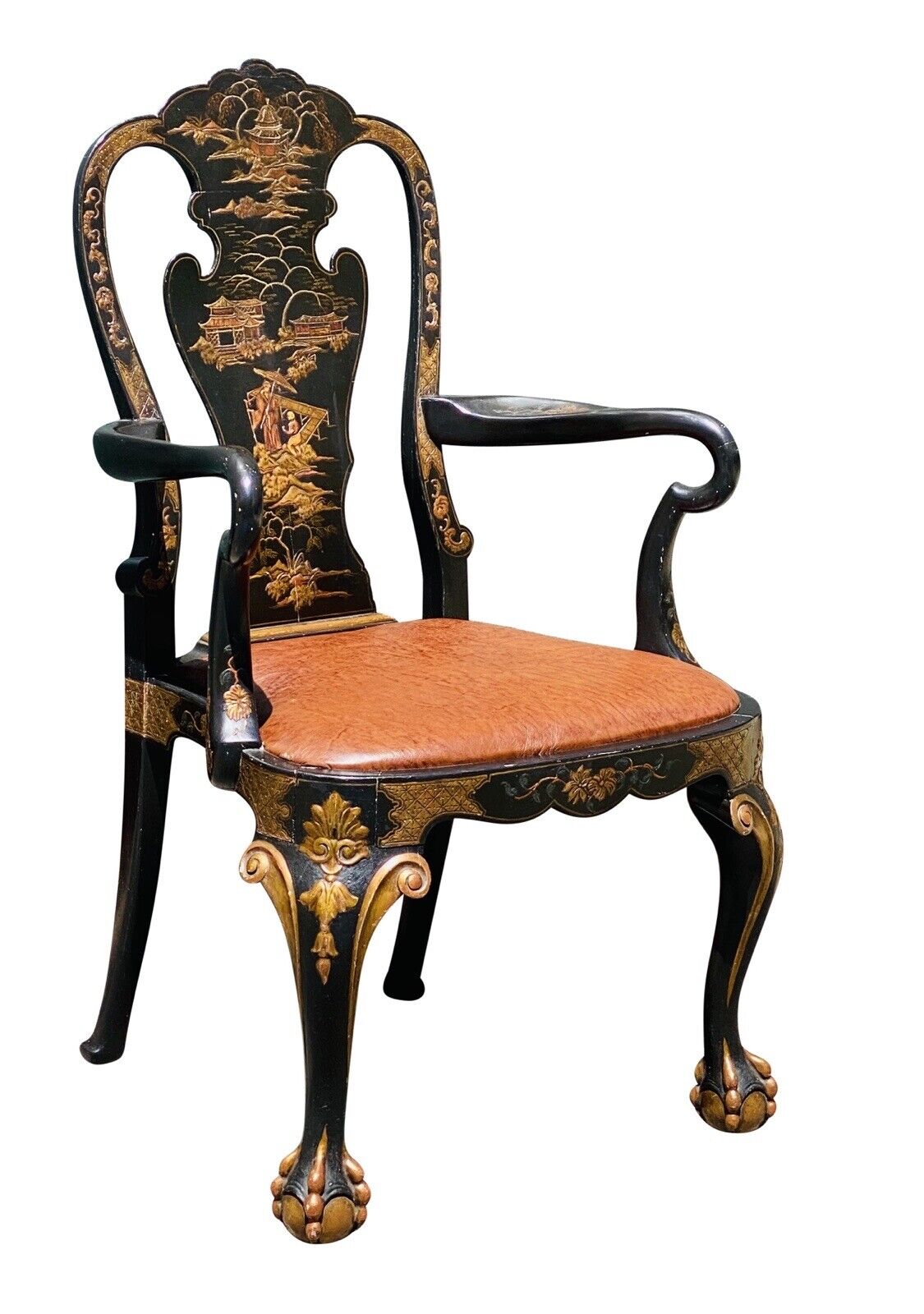 20TH C CHINESE CHIPPENDALE ANTIQUE STYLE DESK CHAIR - CHINOISERIE PAINT