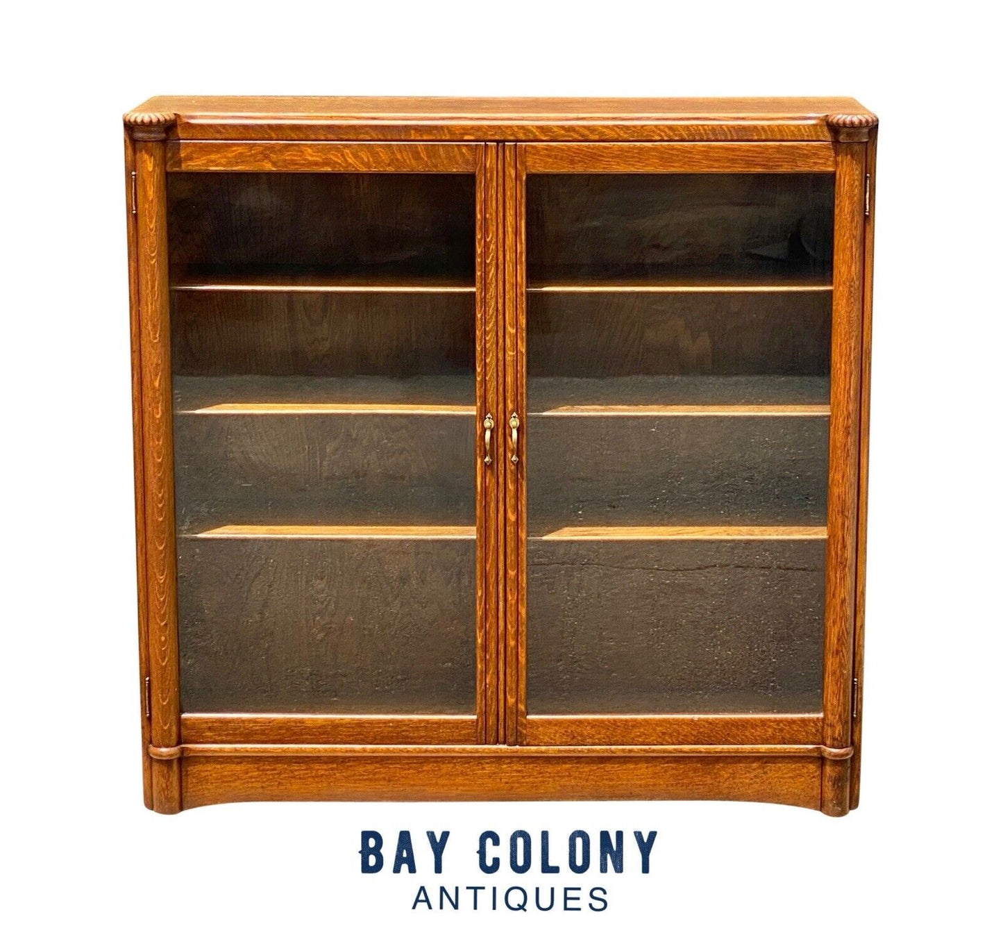 19th C Antique Victorian Tiger Oak Double Glass Door Bookcase / China Cabinet