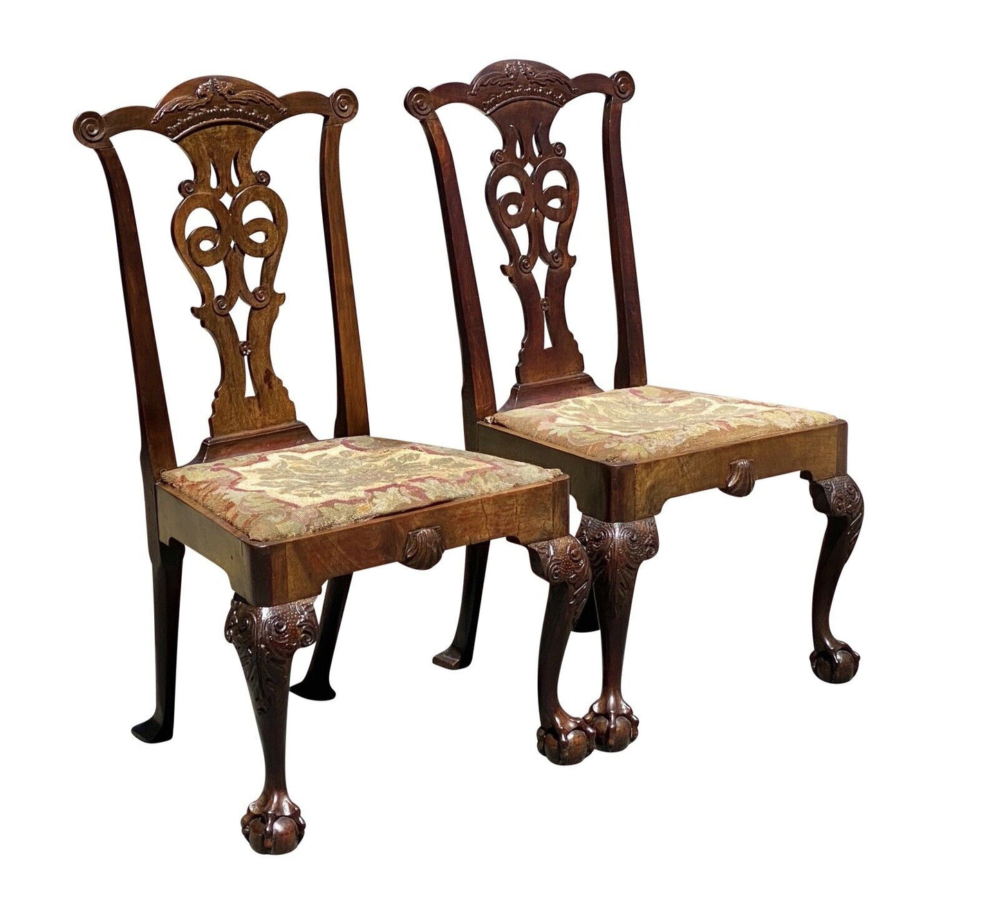 18th C Pair of Antique Irish Chippendale Chairs - Irish Phoenix W/ Ball & Claw