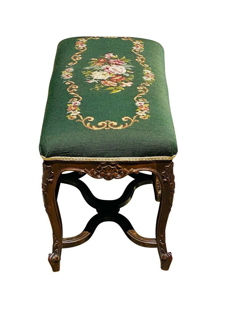 19TH C ANTIQUE FRENCH WALNUT WINDOW / VANITY BENCH W/ FLORAL NEEDLEPOINT SEAT