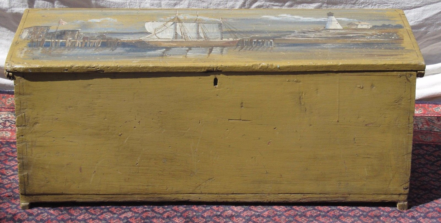 18TH CENTURY CANTED SEA CHEST WITH 1944 ARTIST PAINTED HARBOR & LIGHTHOUSE