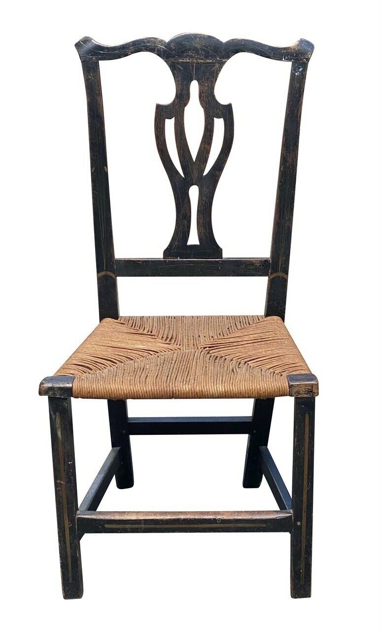 18TH C ANTIQUE NEW ENGLAND COUNTRY PRIMITIVE CHIPPENDALE SIDE CHAIR W/ RUSH SEAT