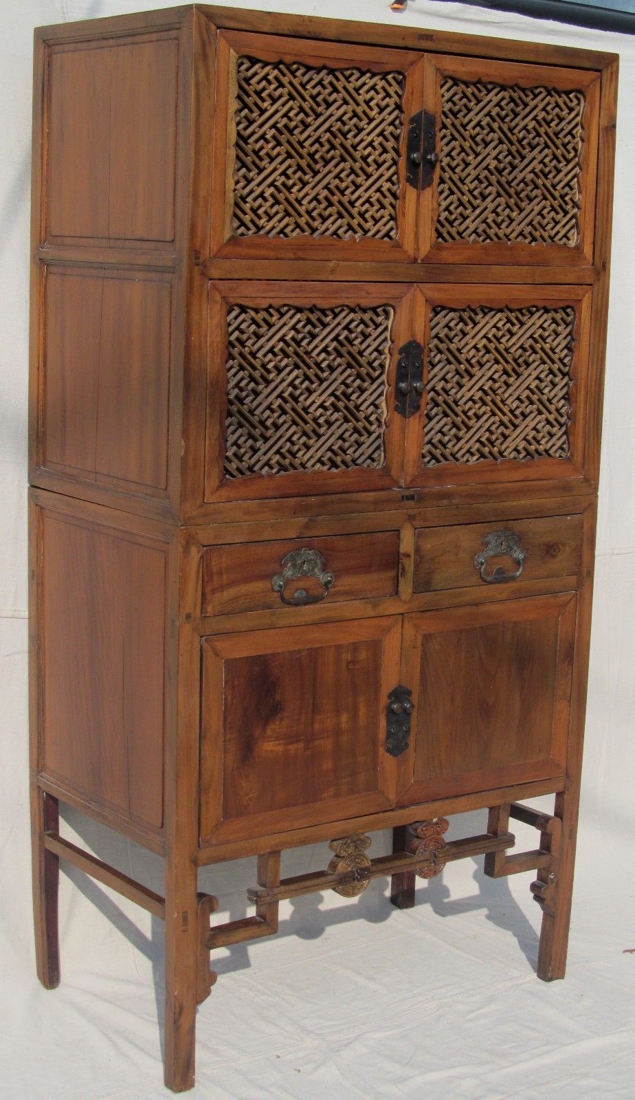 FINE LATE 19TH CENTURY LATTICE WORKED TWO PIECE CHINESE CABINET