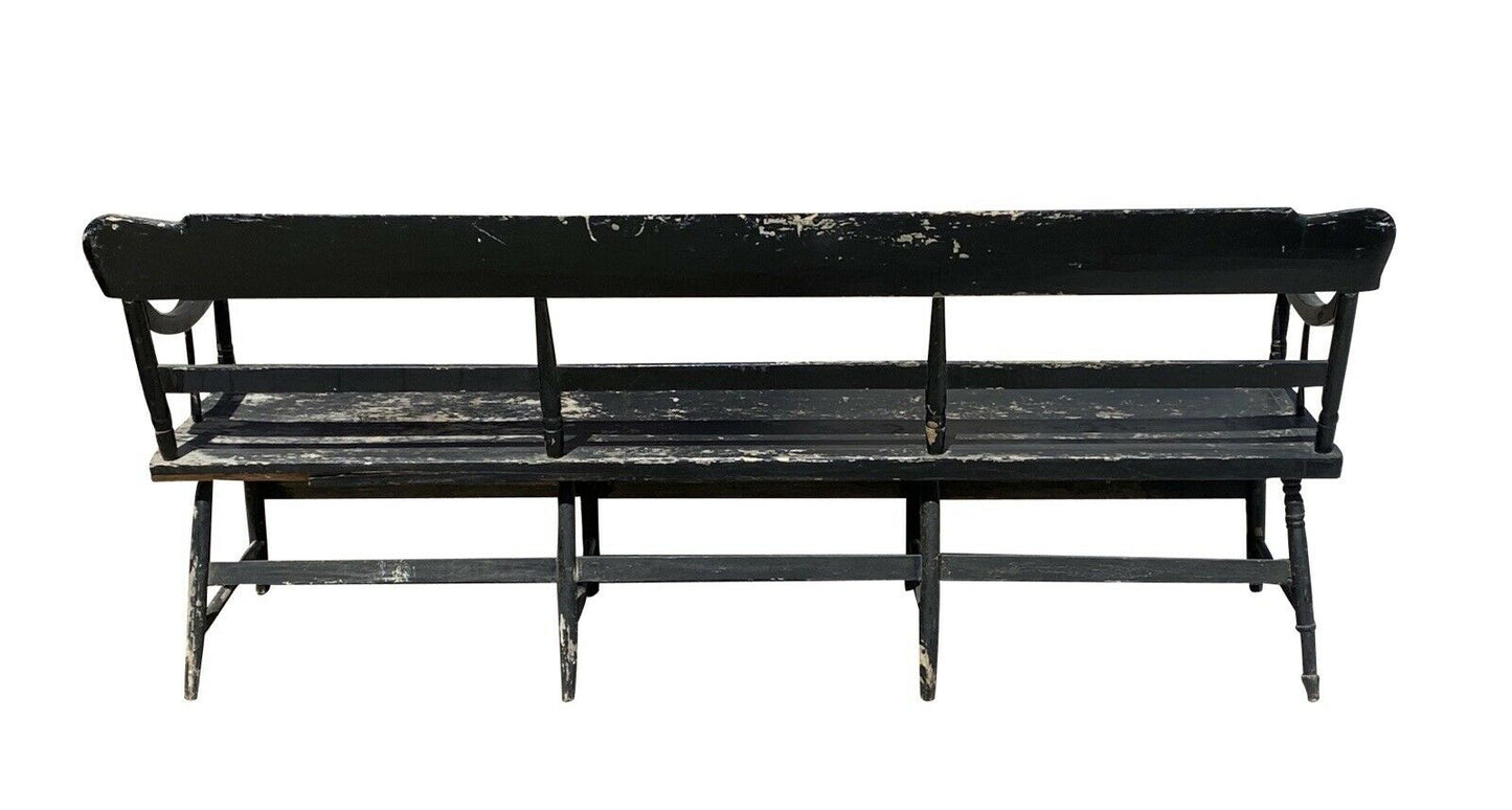19th C Antique Black Painted Farmhouse / Deacons Bench - 6.5 Feet - Eagle Paint