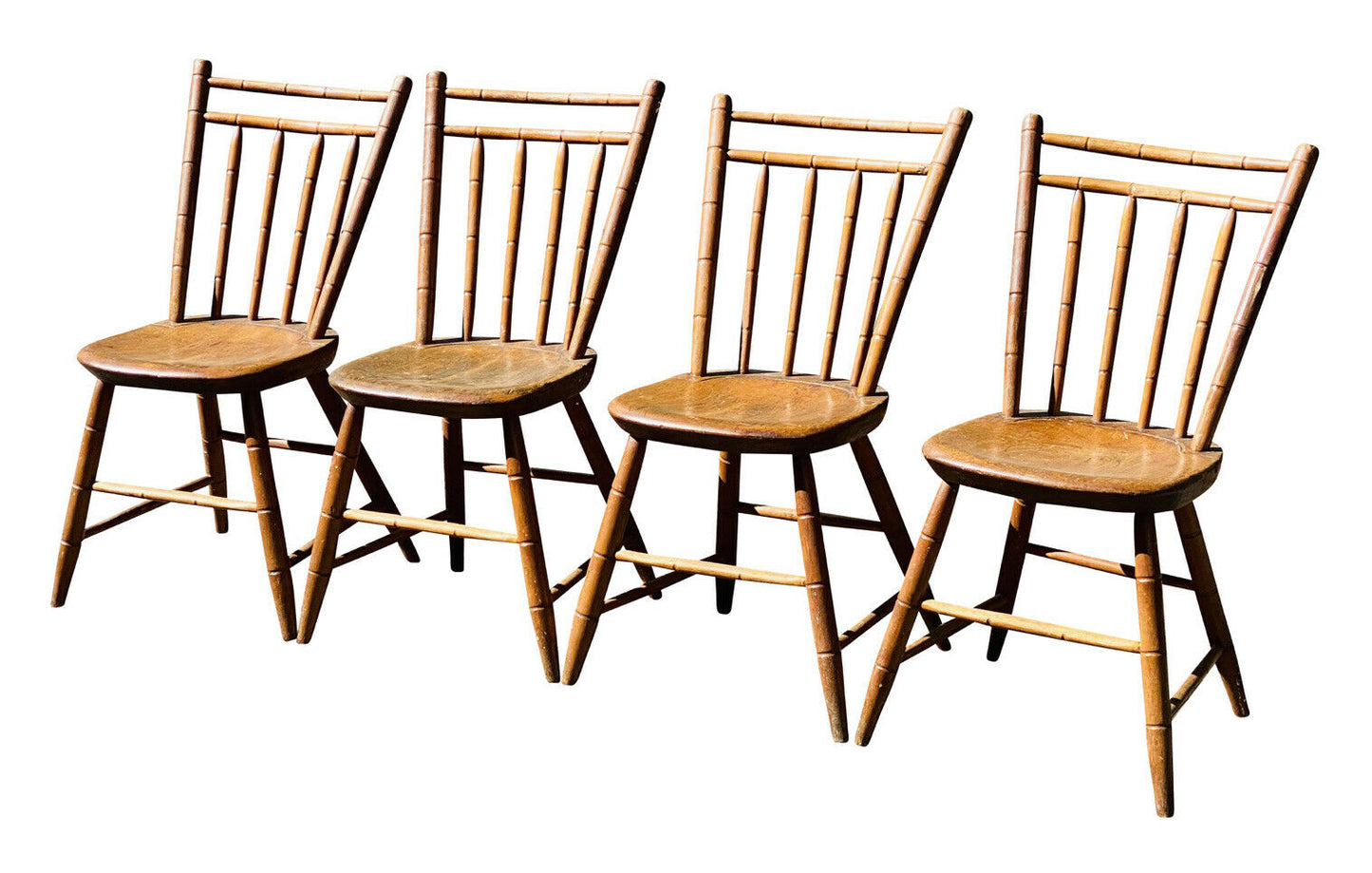 19TH C ANTIQUE SET OF 4 COUNTRY PRIMITIVE BAMBOO CARVED BIRD CAGE WINDSOR CHAIRS