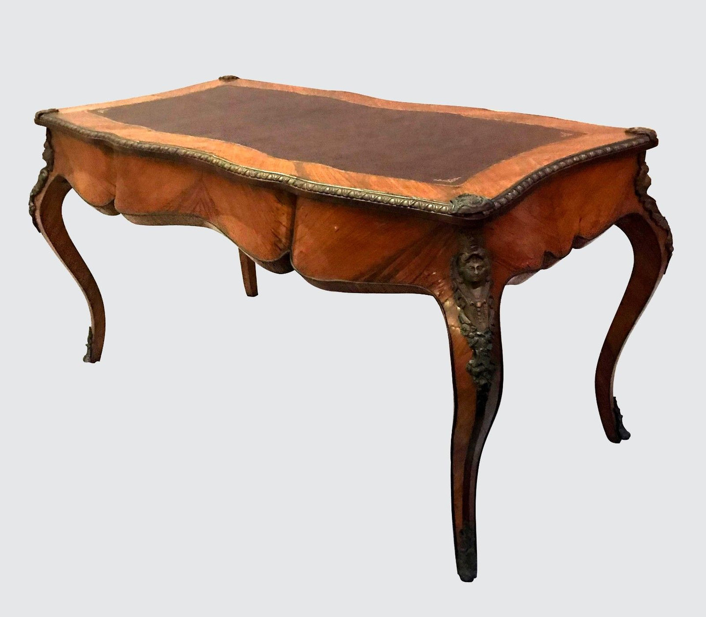 FRENCH LOUIS XV STYLED BUREAU PLAT LEATHER TOPPED WRITING DESK