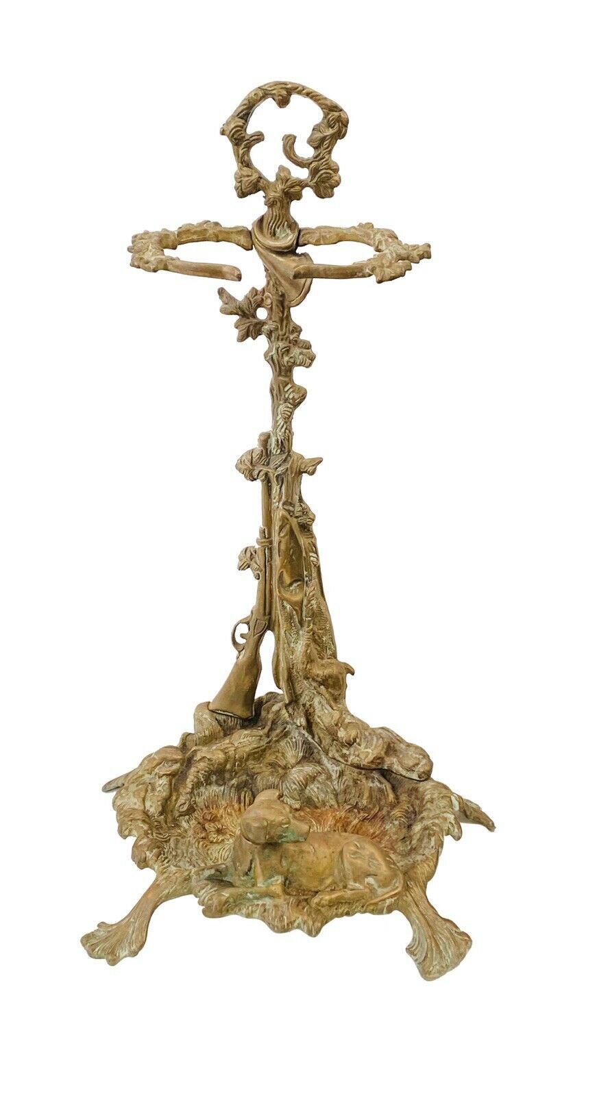 20TH C ANTIQUE ART NOUVEAU BRASS FIREPLACE TOOL HOLDER ~ HUNTING DOG SCENE