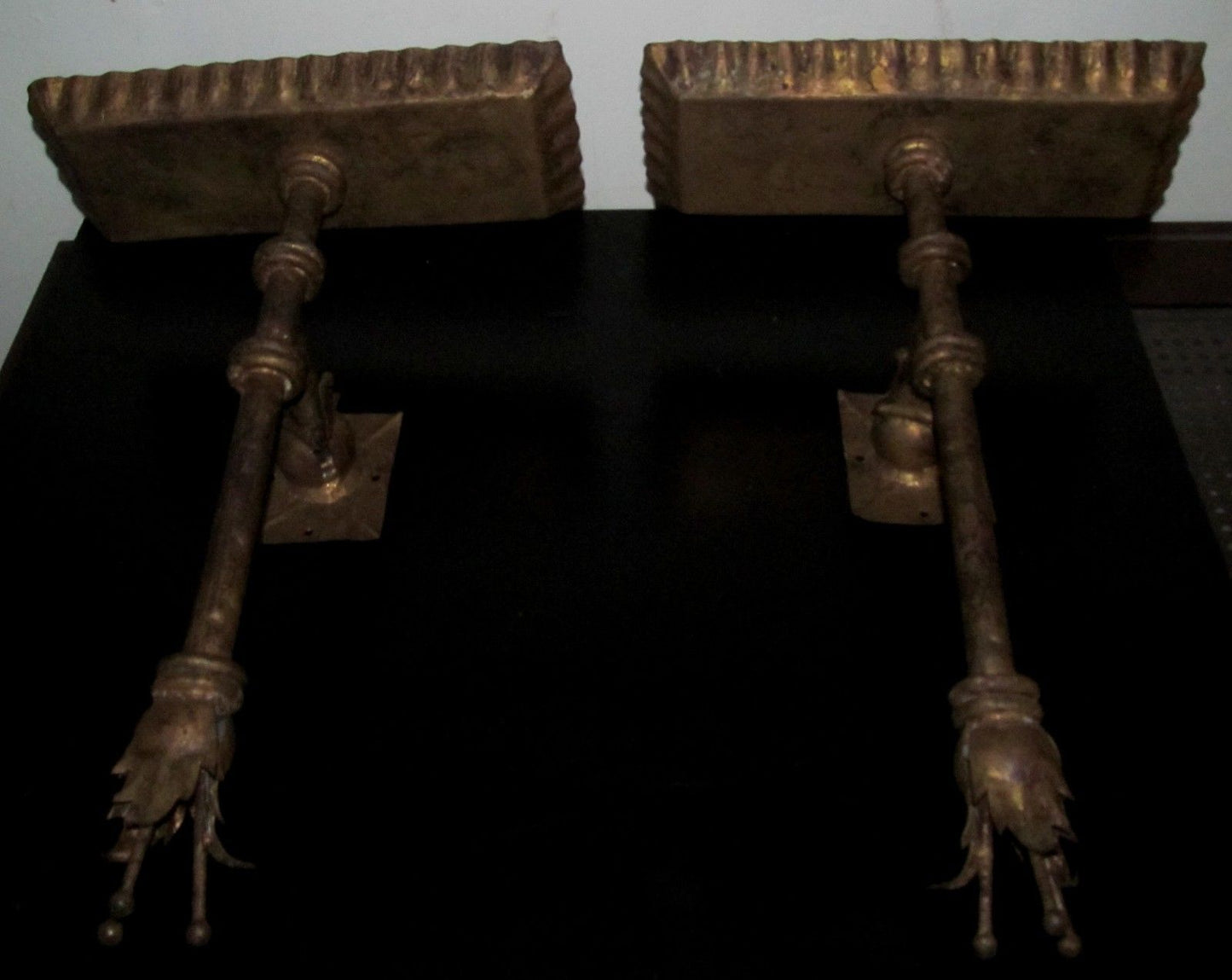 PAIR OF ANTIQUE CONTINENTAL GILT METAL GOTHIC STYLE WALL SCONCES