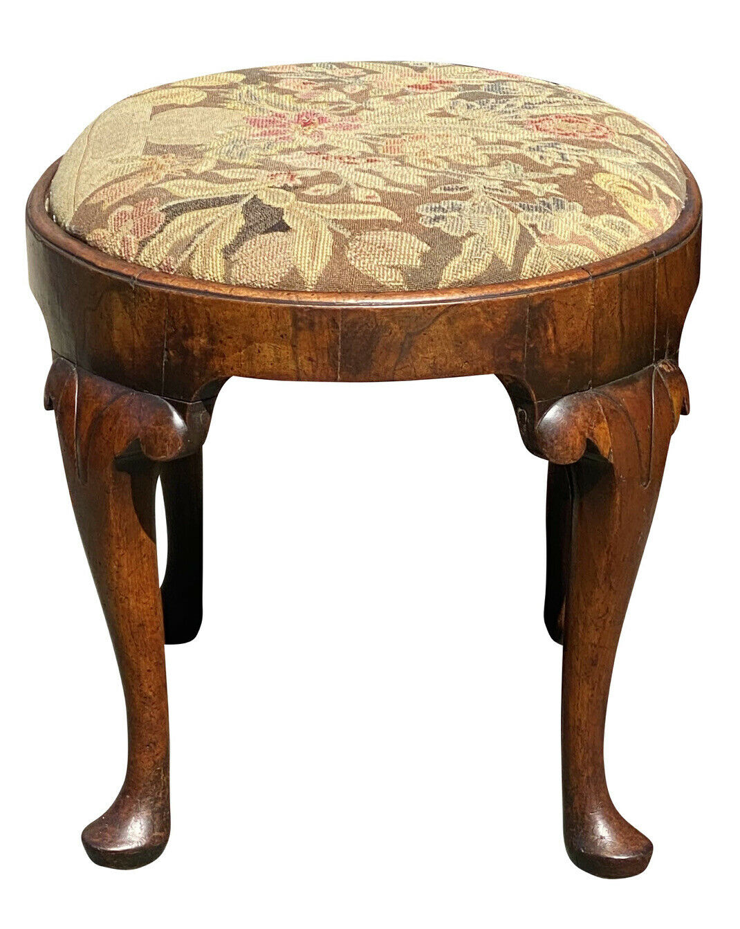 18TH C ANTIQUE QUEEN ANNE WALNUT NEEDLEPOINT FOOTSTOOL
