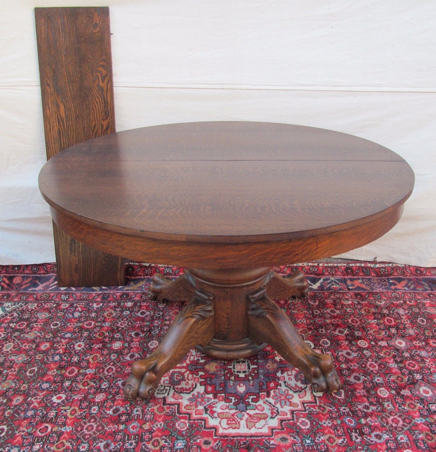 EXTRA CHOICE VICTORIAN TIGER OAK DINING TABLE WITH LION PAW BASE BY LARKIN